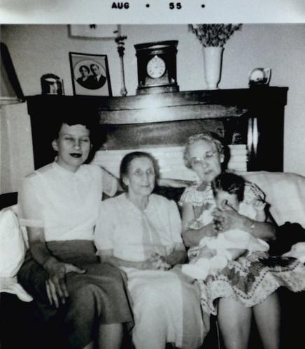 Marylin Beckman, Great-Grandma Wilhelmina Brauer, Grandma Anna Waag and Carol Beckman - August 1955